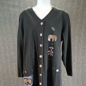 Vintage Donna Hand-Painted Black Button-Front Midi Dress | Made in USA